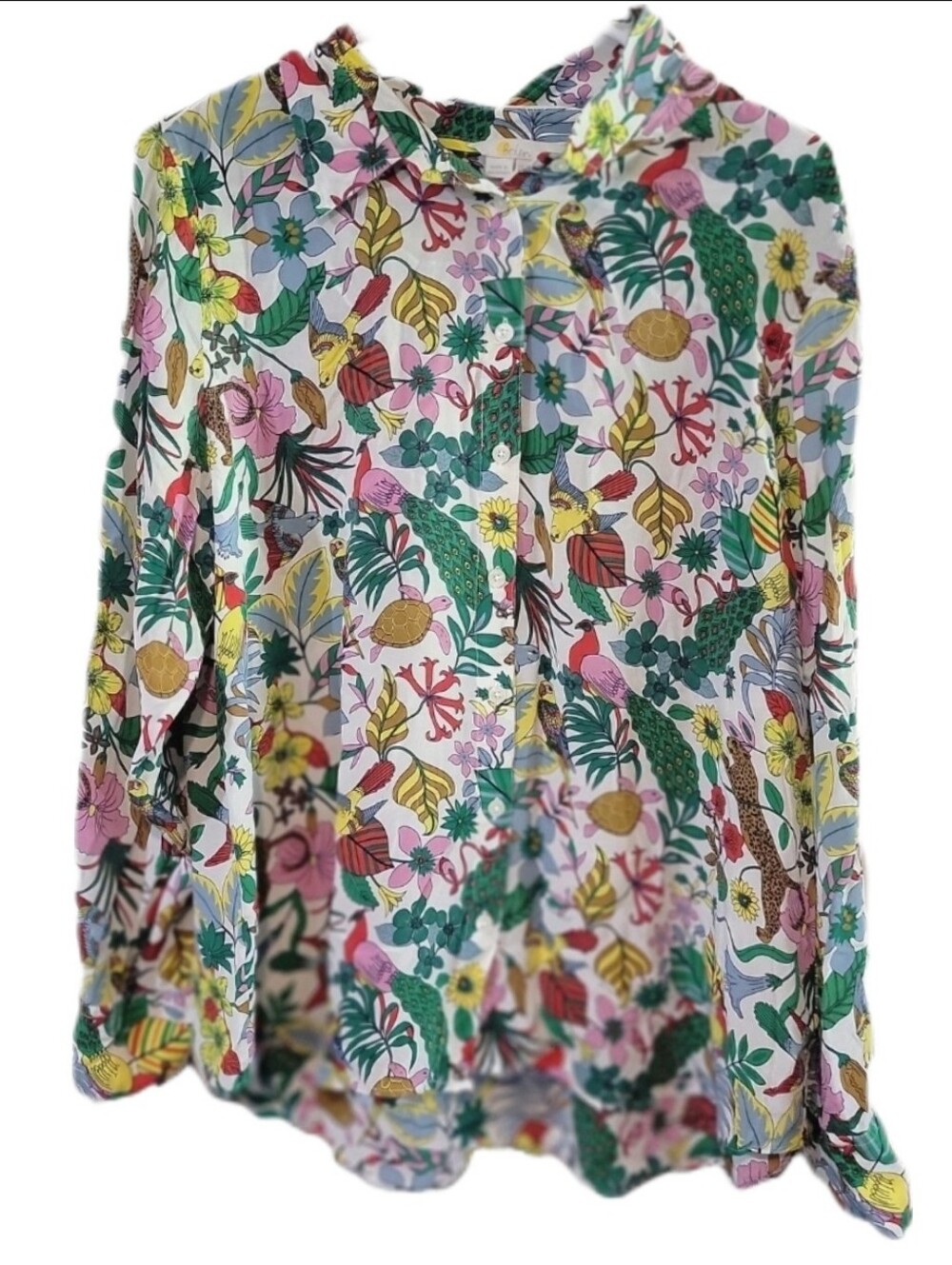 Boden Silk Jungle Tropical Parrot Vacation Green Blouse Top Shirt Womens 16 18R
